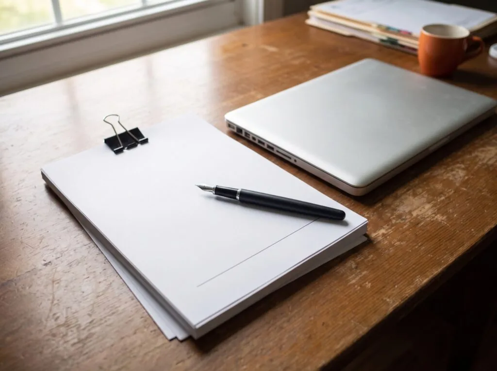 A clipped stack of blank pages with a fountain pen across an empty signature line, beside a closed laptop