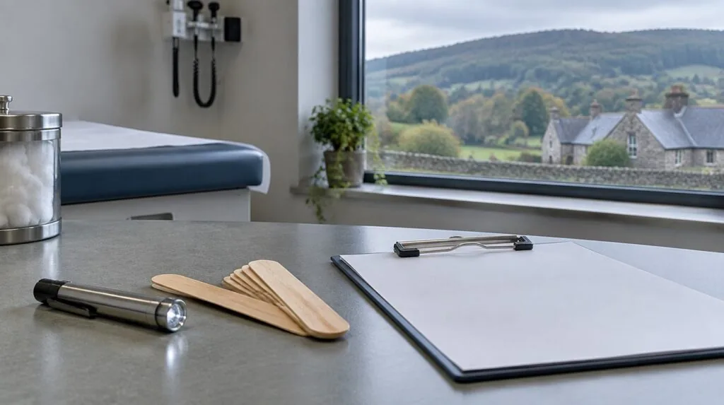 A penlight, tongue depressors and a blank chart on an exam counter