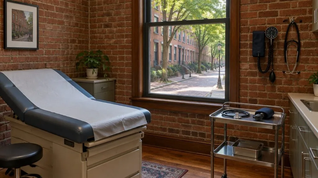 Exam room in an old brick rowhouse, exam table, stethoscope and BP cuff, brick street with trees outside