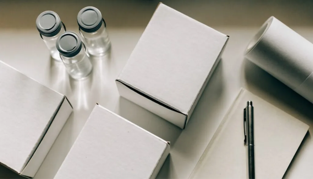 Unbranded packaging and unlabelled vials on a desk, representing an unlaunched peptide brand