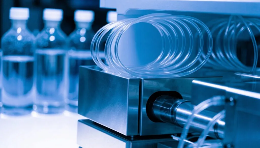 Stainless steel liquid chromatography equipment and solvent bottles in a clean laboratory