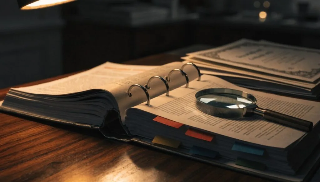 An open ring binder of tabbed documents with a magnifying glass under a desk lamp