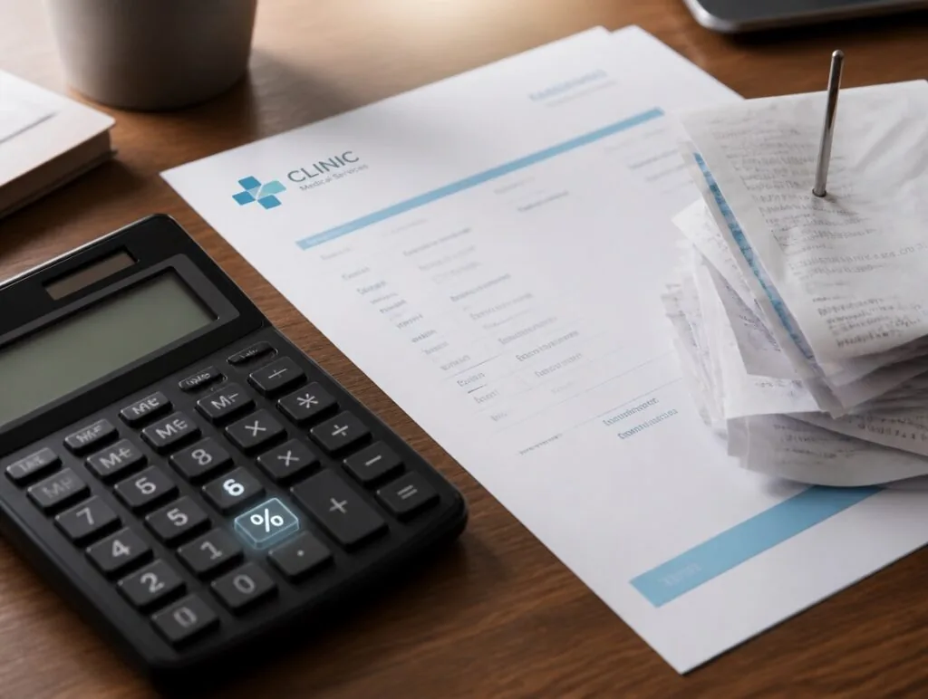 Calculator with a glowing percentage key beside receipts and a clinic invoice