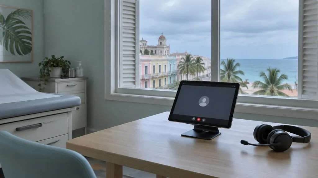 A tablet on a stand with an empty video window beside a headset
