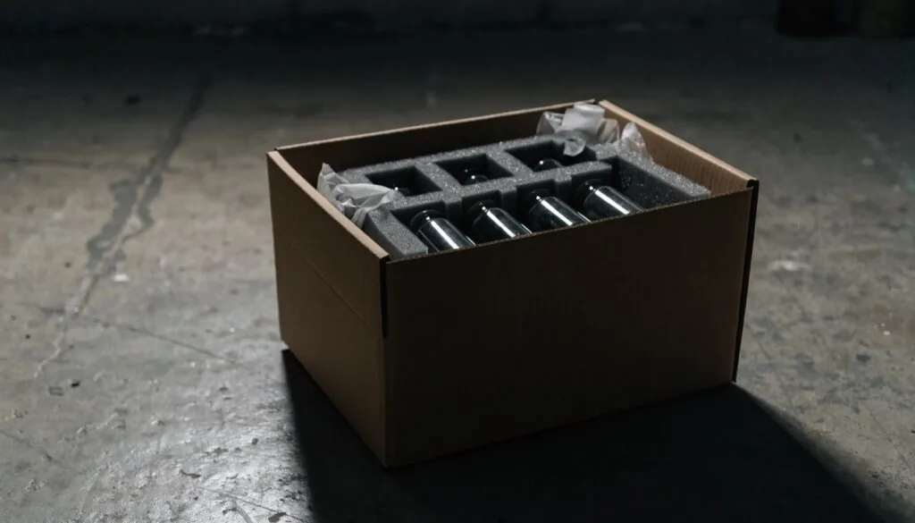 An unmarked cardboard box on a concrete floor holding unlabelled vials in foam