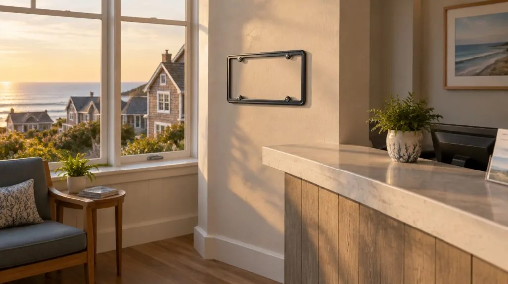 A blank license frame mounted beside a reception desk