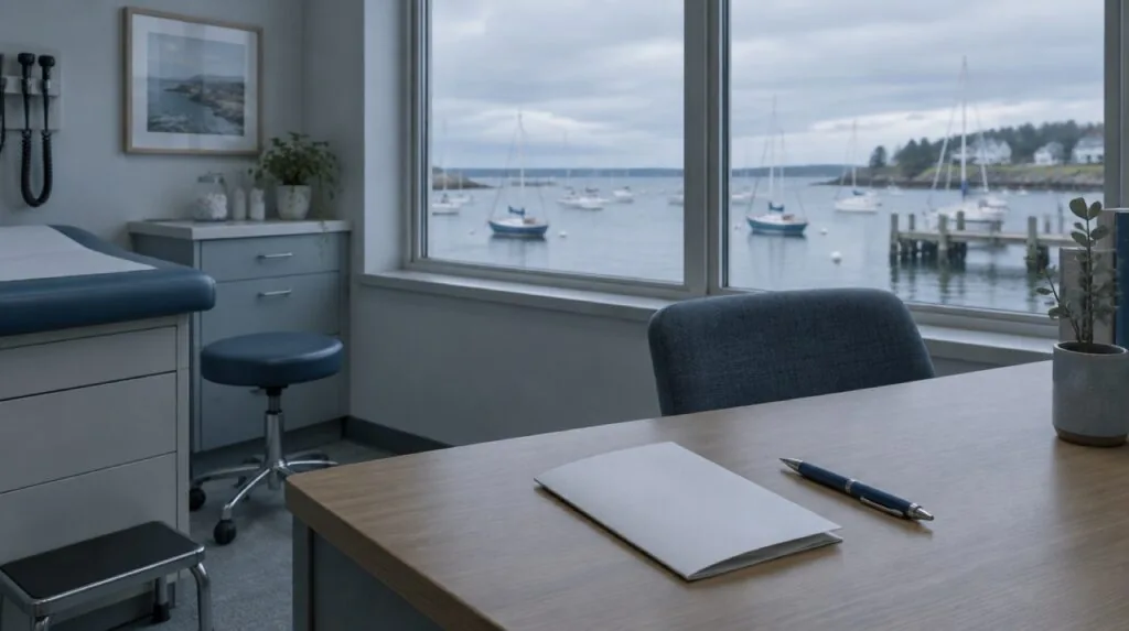 Clinic exam room with a regional view through the window