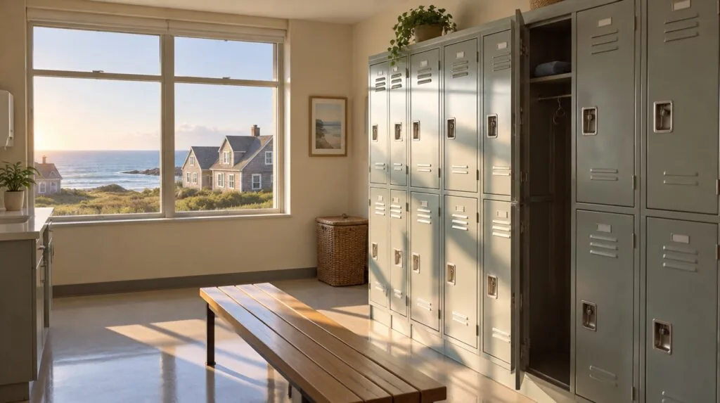 A row of empty staff lockers with one door ajar
