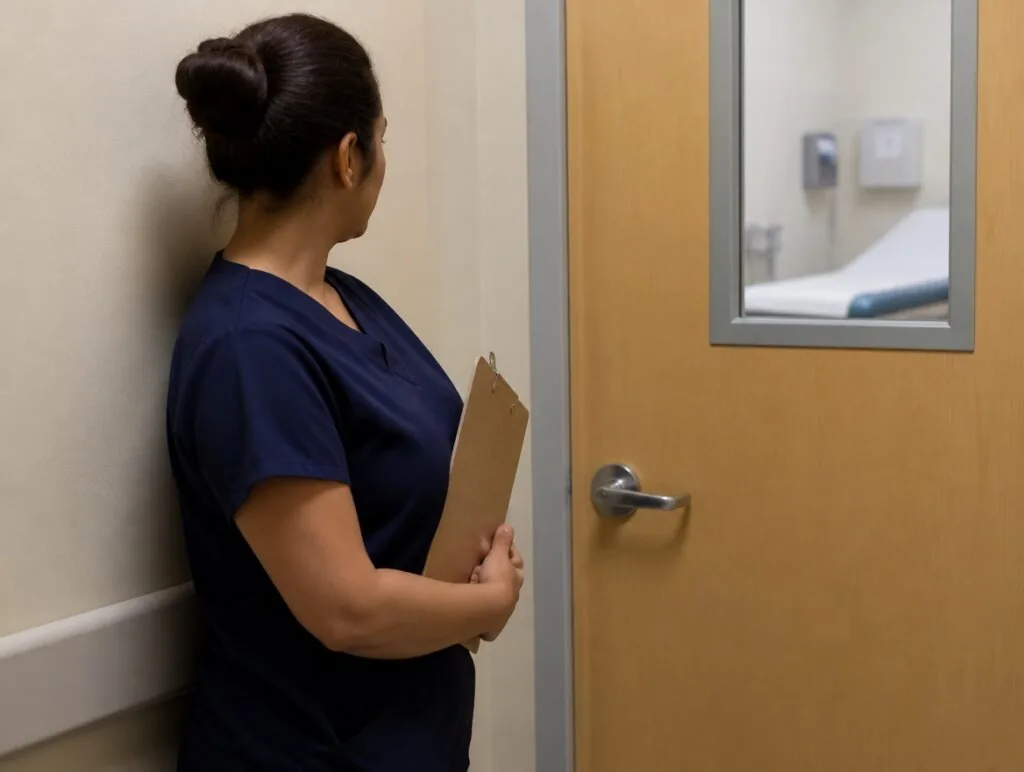 Nurse in navy scrubs holding a clipboard beside a closed exam room door