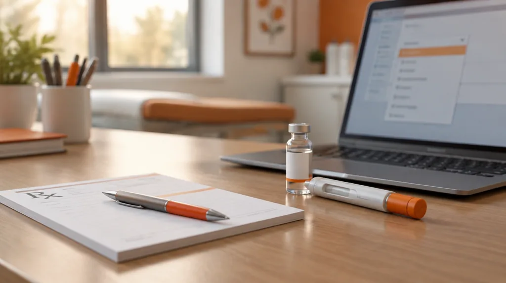 Prescription pad, vial and injection pen beside a laptop showing a dropdown menu