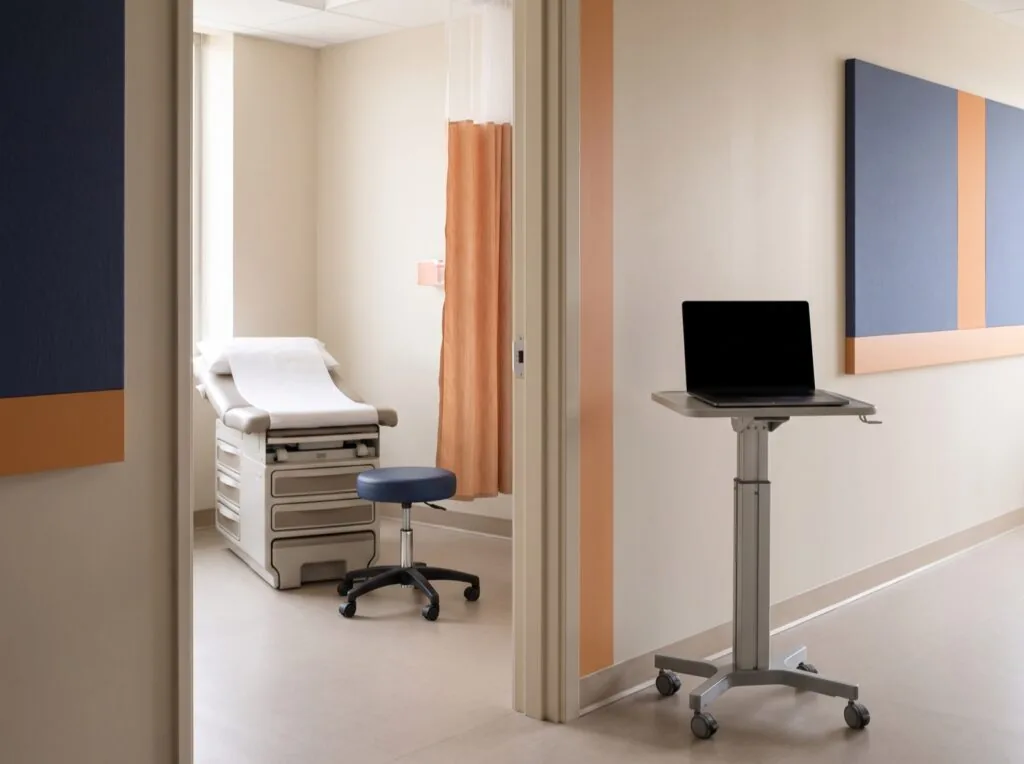 Empty exam room seen from a hallway with a laptop on a rolling telehealth stand