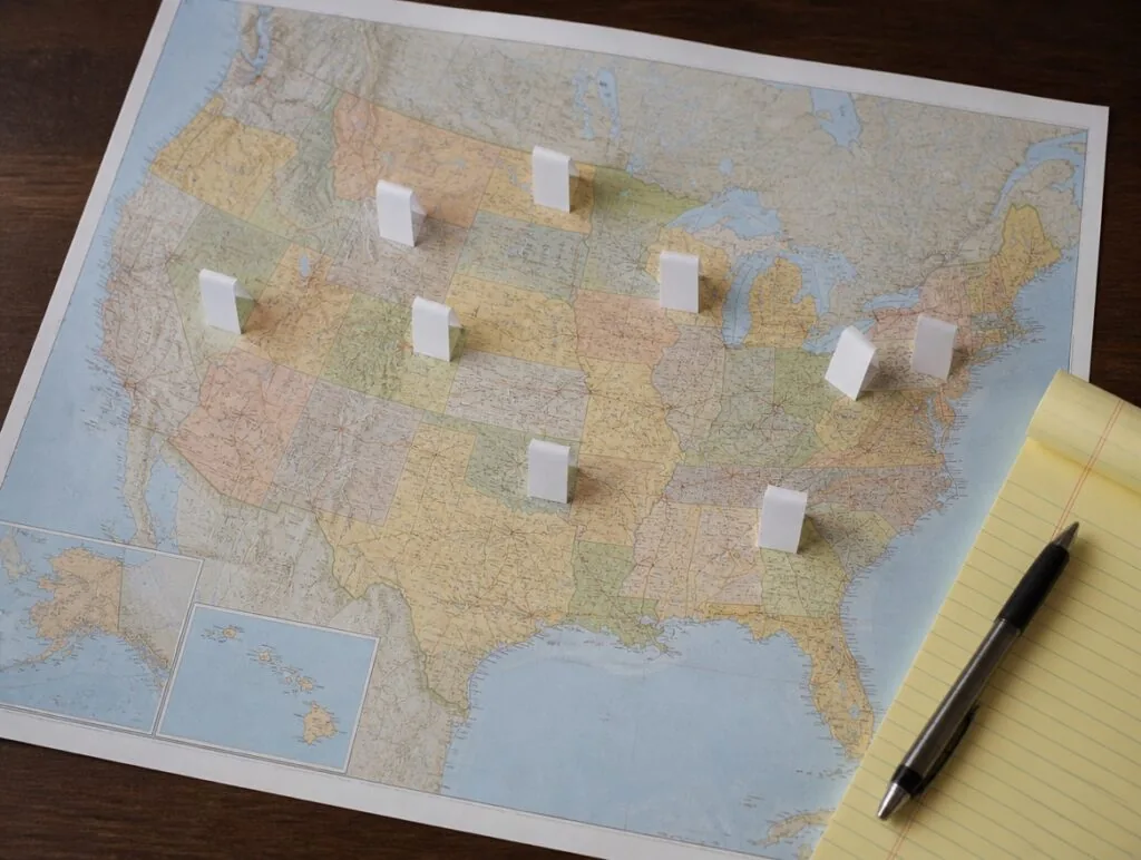 Paper map of the United States on a desk with small folded paper tents standing on several states