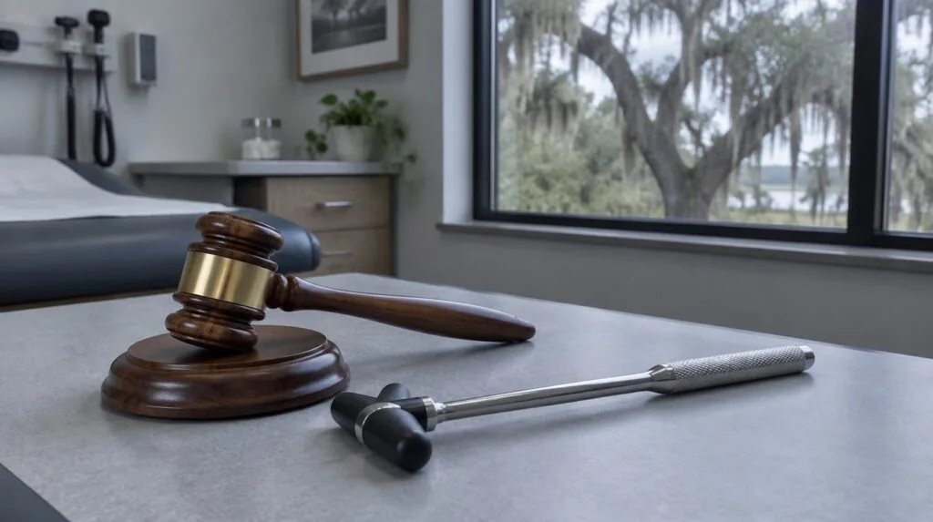 A wooden gavel resting beside a physician reflex hammer