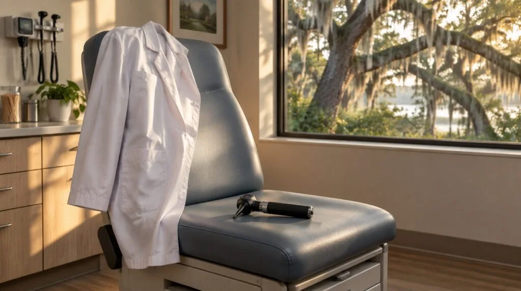 A white coat draped over an exam chair with an otoscope on the seat