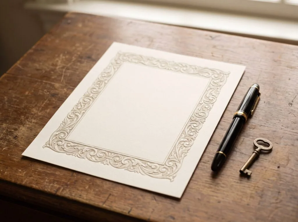 A blank certificate with an ornate border on a desk beside a closed fountain pen and a small brass key