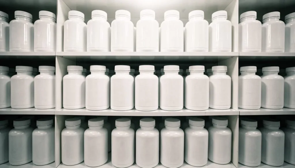 Rows of identical blank white supplement bottles on a bright retail shelf