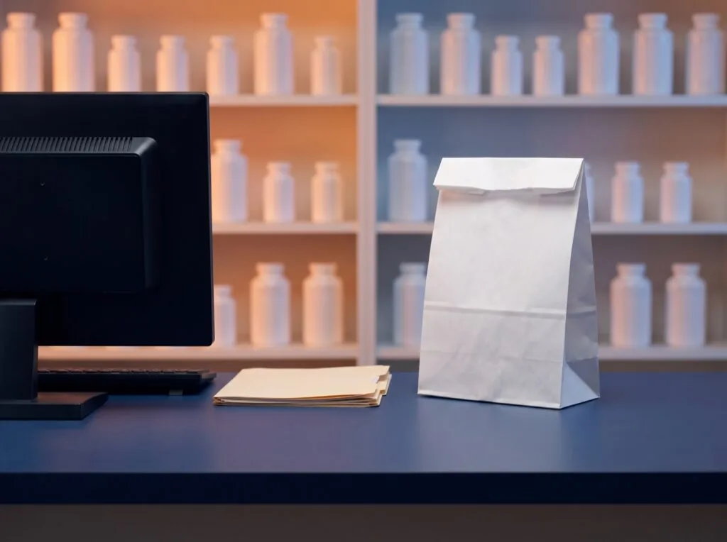 Pharmacy counter with a closed white prescription bag, a blank monitor and unmarked folders