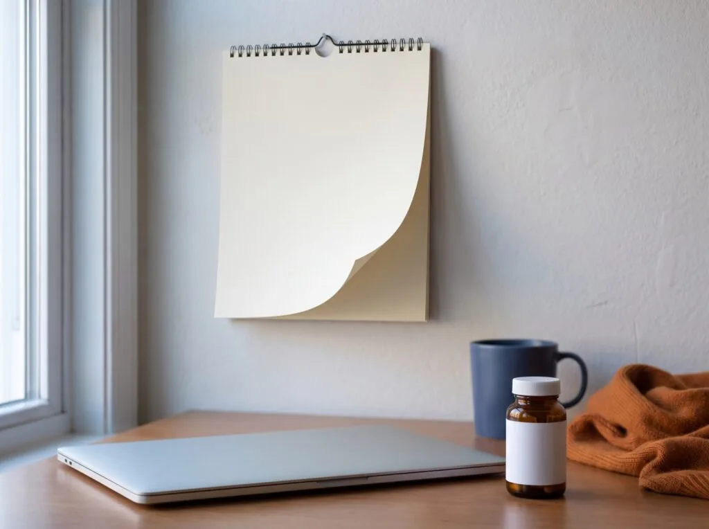 Blank wall calendar with a lifting page above a closed laptop and an unlabeled prescription bottle