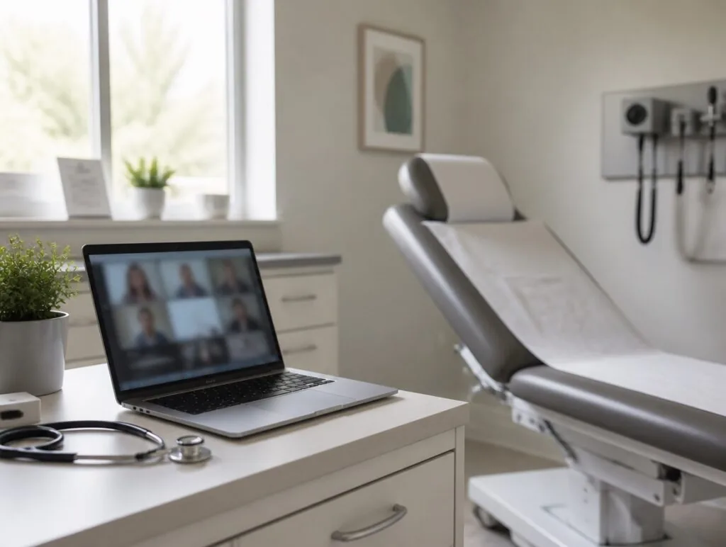 Laptop open to a video call on a clinic desk beside an empty exam chair