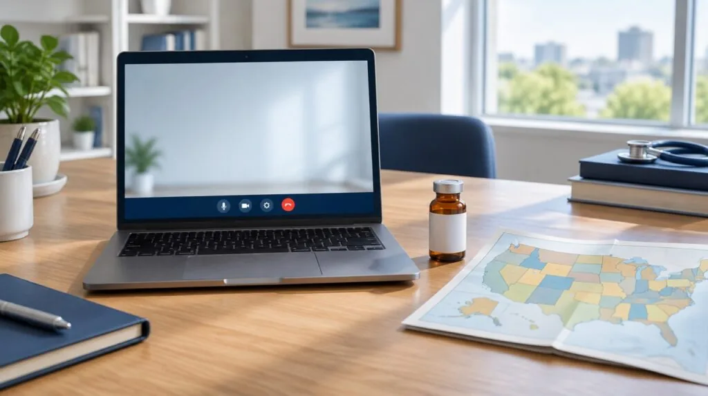 Laptop with an empty video call window beside an amber vial and a map of the United States