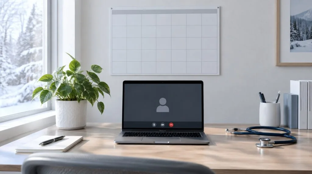 Blank wall calendar grid above clinic desk, laptop with empty video window, potted plant, snowy winter light