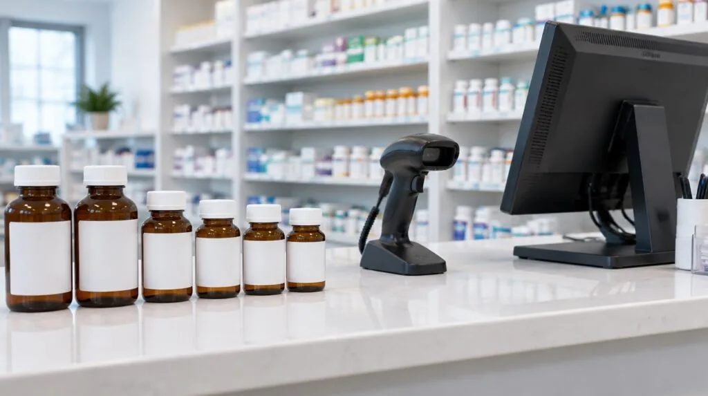 Pharmacy counter, row of amber bottles with blank labels, barcode scanner, monitor turned away