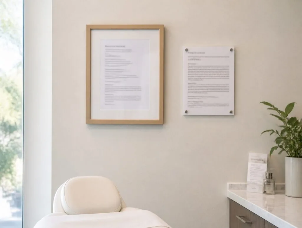 Framed physician notice beside a complaint-procedure card in a Texas treatment room