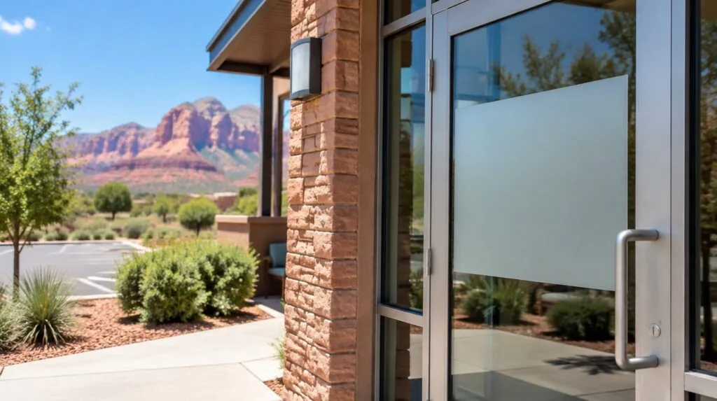 A clinic entrance with a blank frosted glass door sign