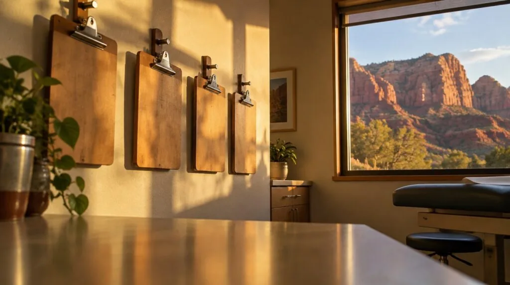 Four clipboards hanging in a row on wall pegs