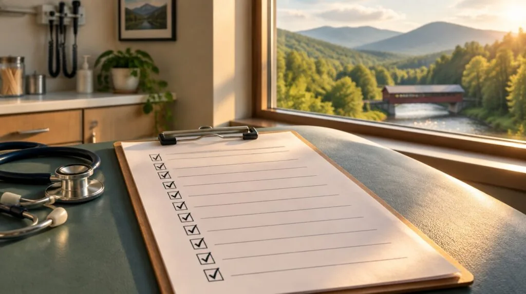 A long checklist on a clipboard with a row of ticked boxes and no words