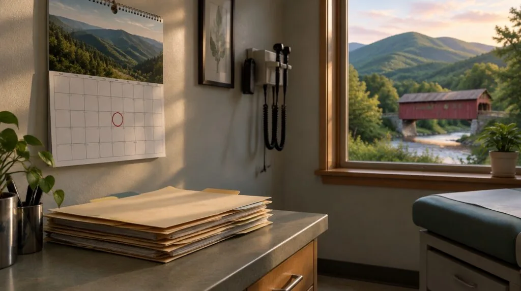 A wall calendar with one square circled and a stack of filing folders