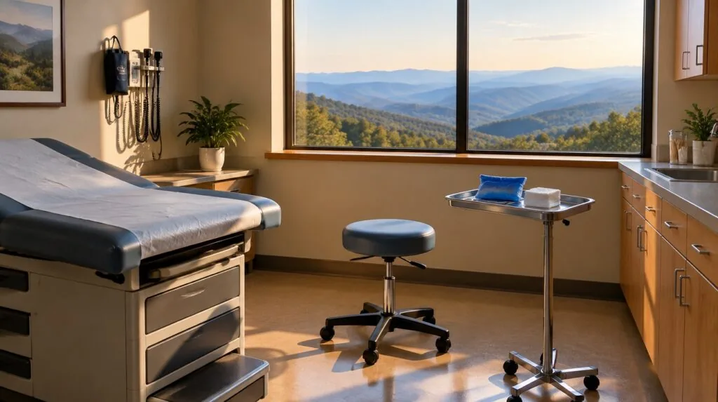 An empty exam stool beside a tray with a cold compress and gauze