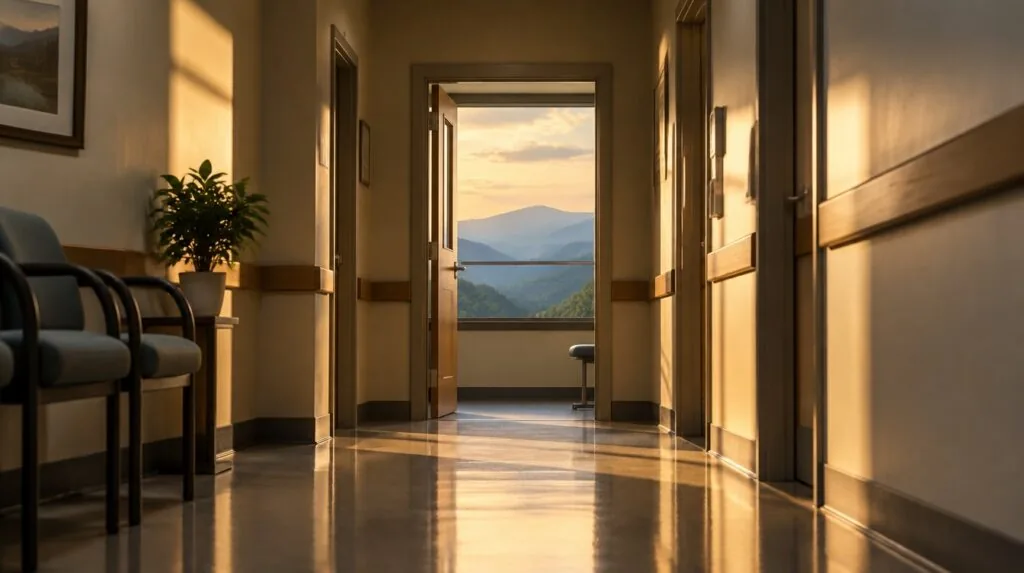 A single narrow doorway at the end of a clinic hallway