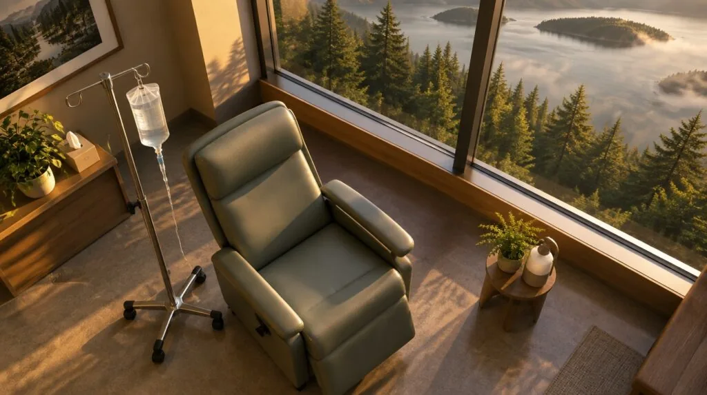 An IV pole with a hanging saline bag beside an empty recliner