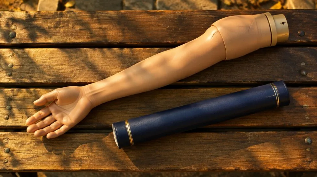 A training mannequin arm and a certificate tube on a bench