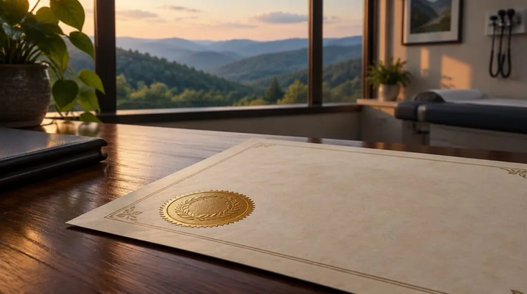 An embossed gold seal on a blank parchment certificate