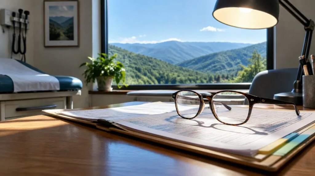 Reading glasses resting on an open chart folder under a desk lamp