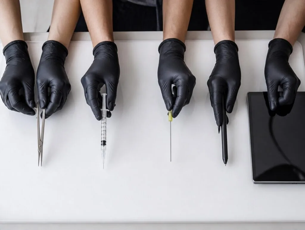Four pairs of gloved hands holding a syringe, cannula, pen and tablet on a treatment tray