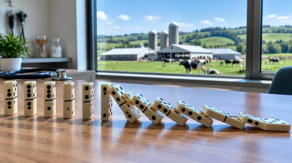 A row of dominoes mid-fall on a desk