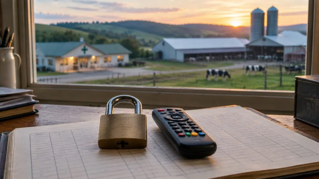 A hand-size padlock and a remote control side by side on a ledger