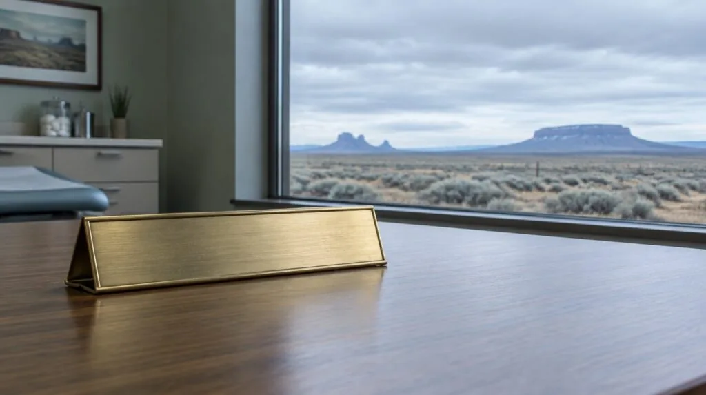 A single brass nameplate holder, blank, on an empty desk