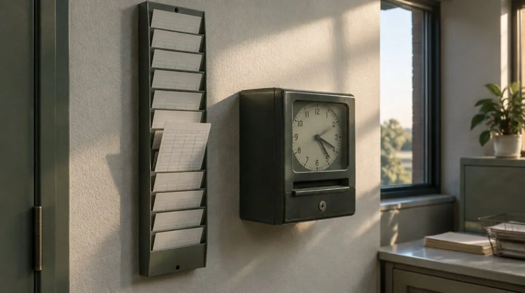 A rack of paper time cards beside a punch clock in a clinic back office
