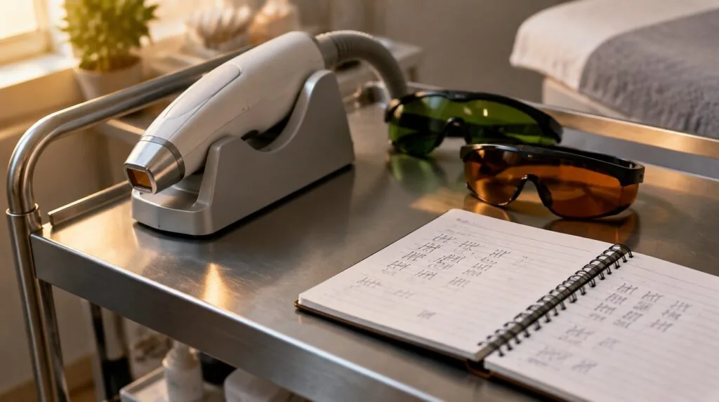 A laser handpiece in its cradle beside protective goggles and a tally logbook