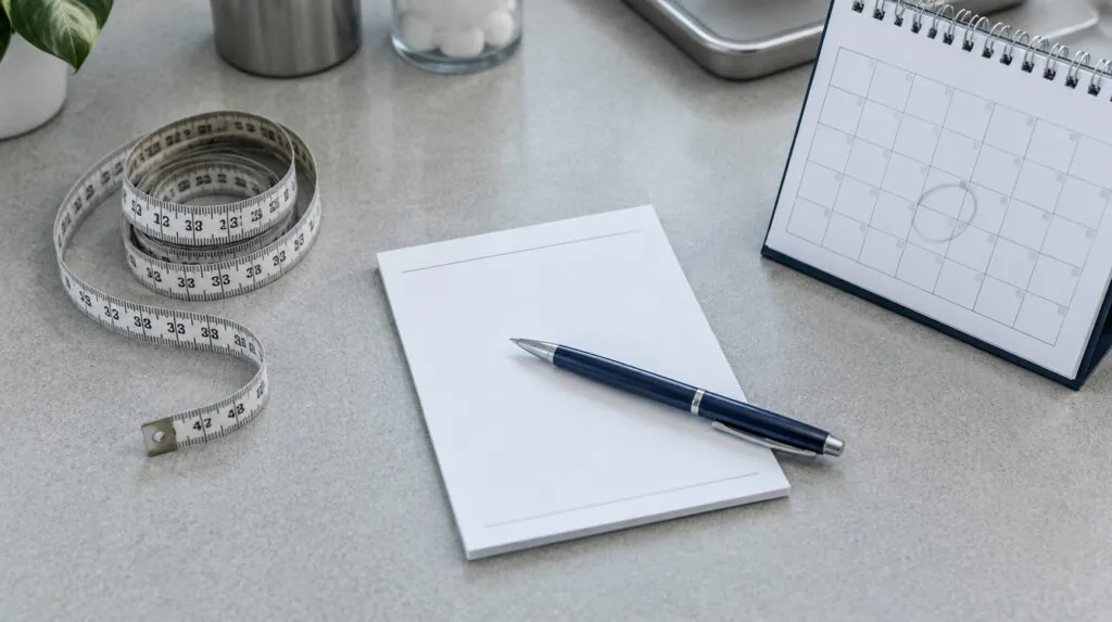 A clinic counter with a tape measure, a blank prescription pad and a desk calendar