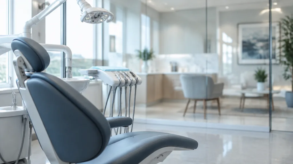 An empty dental operatory chair in the foreground with a softly blurred med spa treatment room visible through a glass p