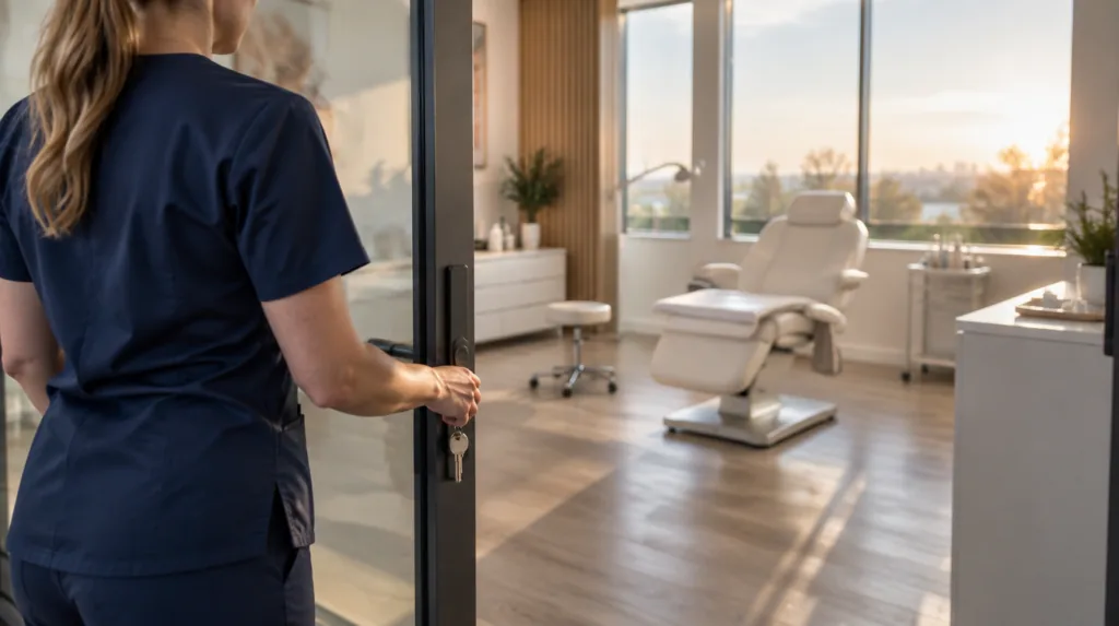 Registered nurse in navy scrubs unlocking the door of a new treatment suite