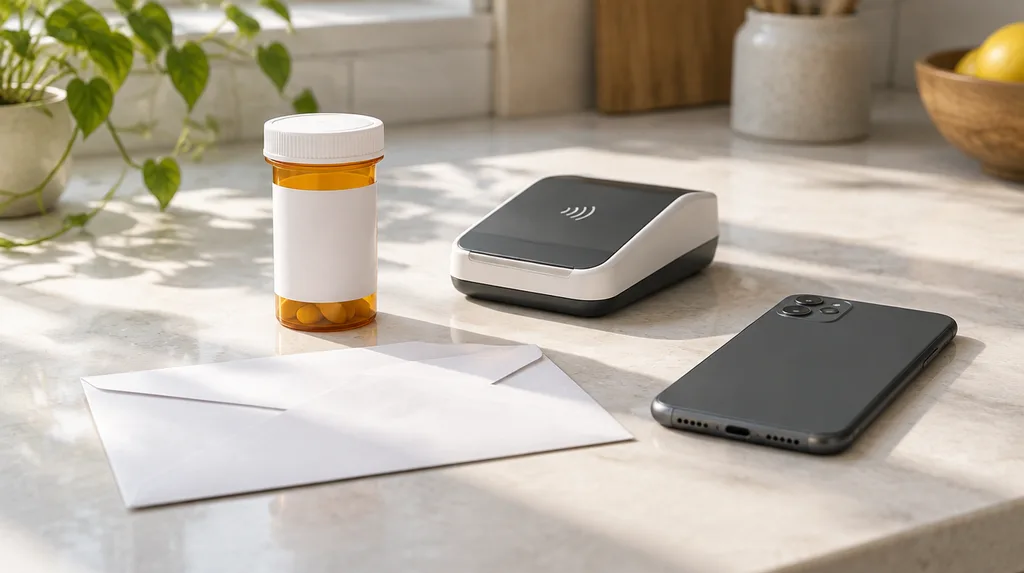 Prescription bottle, envelope, card reader and phone on a kitchen counter, representing a cash-pay telehealth prescription