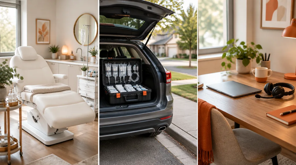 Med spa treatment chair, a car trunk with a mobile IV supply case, and a home telehealth desk, the three settings that change a clinic's insurance needs