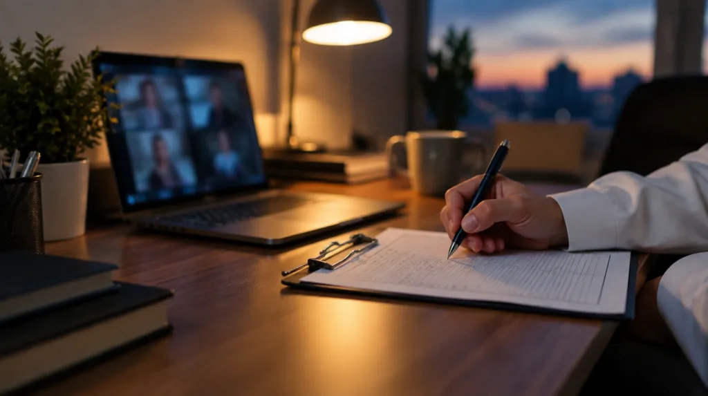 A physician's hand initialing a chart-review log on a clipboard beside a laptop showing a blurred video call