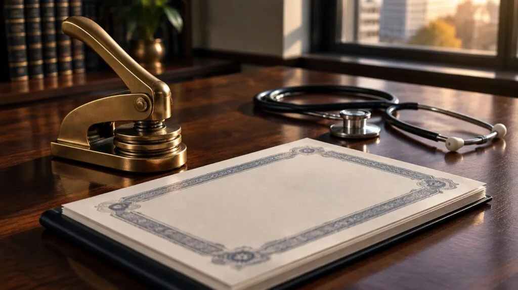 A brass corporate seal embosser and a blank stock certificate book beside a stethoscope